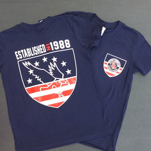 Navy tshirt with front and back Est. in 1988 Eagle logo